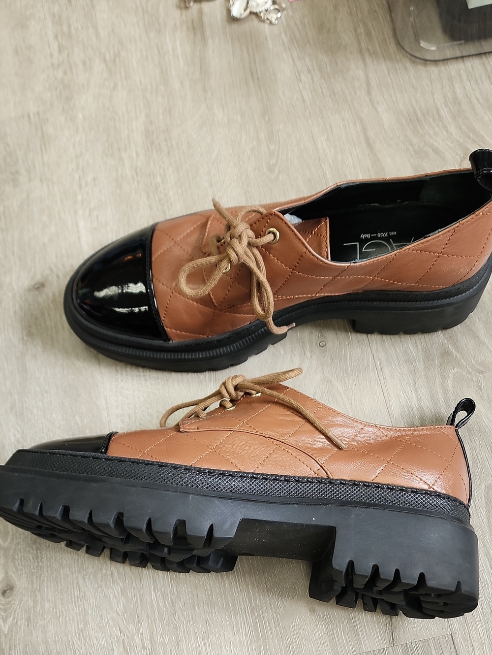 Agl Brown Quilted Lace-Up Chunky Oxford with Black Patent Cap Toe